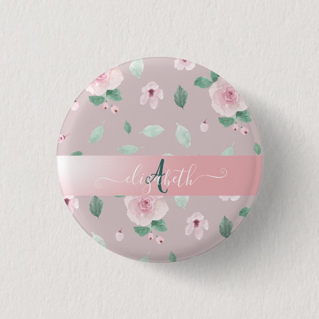 Chic Watercolor Flowers Monogram Button (Front)