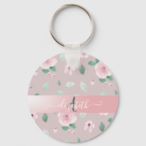 Chic Watercolor Flowers Monogram Keychain