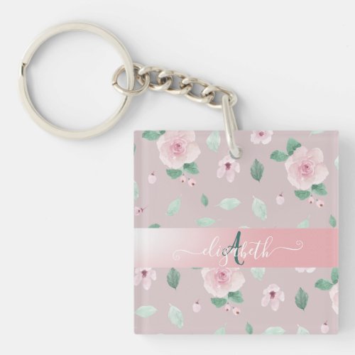 Chic Watercolor Flowers Monogram  Keychain