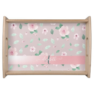 Chic Watercolor Flowers Monogram Serving Tray