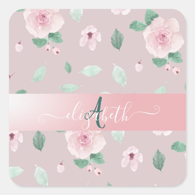 Chic Watercolor Flowers Monogram   Square Sticker (Front)