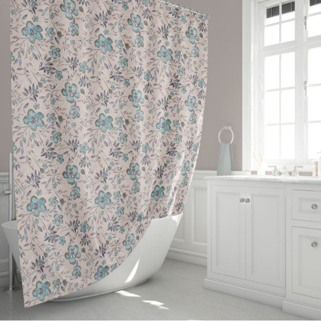 Chic Watercolor Flowers Shower Curtain (Elegant Blue Chic Taupe Watercolor Flowers Shower Curtain from Studio Posies.)