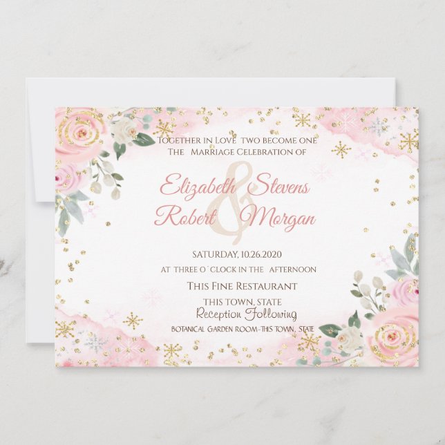 Chic Watercolor Flowers Snowflakes Wedding  Invitation (Front)