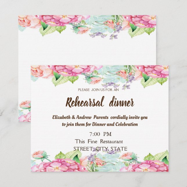 Chic Watercolor Flowers  Wedding  Rehearsal Dinner Invitation (Front/Back)