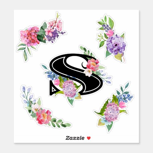 Chic Watercolor Flowers with Letter S Sticker