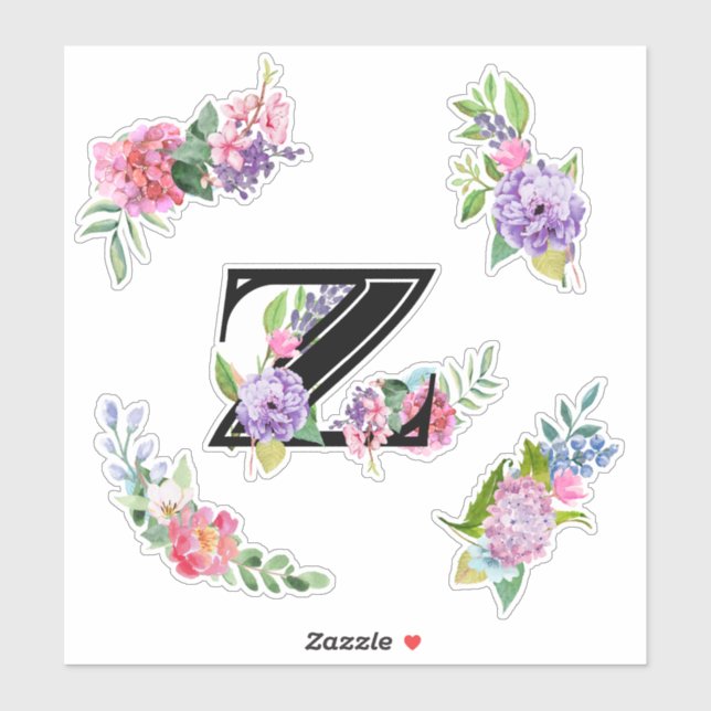 Chic Watercolor Flowers with Letter Z Sticker (Sheet)