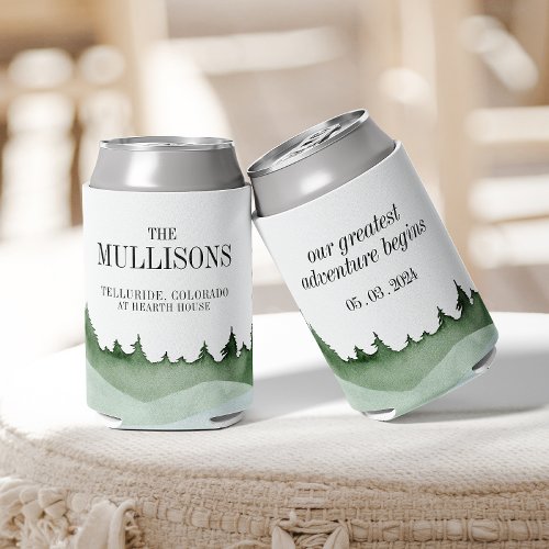 Chic Watercolor Forest Landscape Mountain Wedding Can Cooler