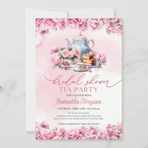 Chic watercolor fuchsia peonies floral tea party invitation