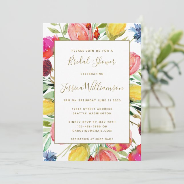 Chic Watercolor Garden Flowers Bridal Shower  Invitation (Standing Front)
