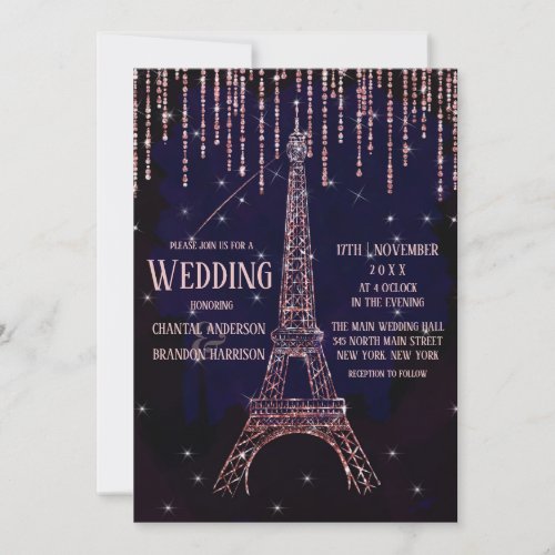 Chic Watercolor Glitter Paris Eiffel Tower Wedding Invitation