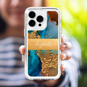 Chic watercolor gold agate turquoise orange name iPhone 16 pro max case
