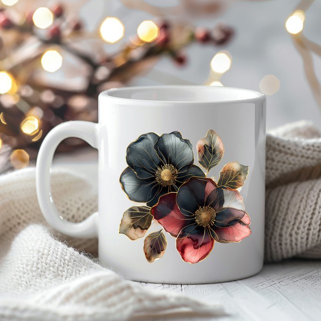 Chic watercolor gold black and burgundy flowers coffee mug (Creator Uploaded)