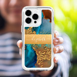 Chic watercolor gold marble turquoise orange name iPhone 16 pro max case<br><div class="desc">A sparkly, faux gold foil band with your script typography name overlays a rich, gold veined, turquoise blue, and yellow orange abstract watercolor background on this chic, elegant, modern cell phone case. Personalize with your name. Makes a fun and stylish statement every time you use it. A great gift for...</div>