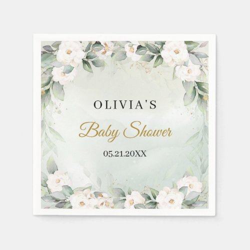 Chic watercolor green and white flower Baby shower Napkins