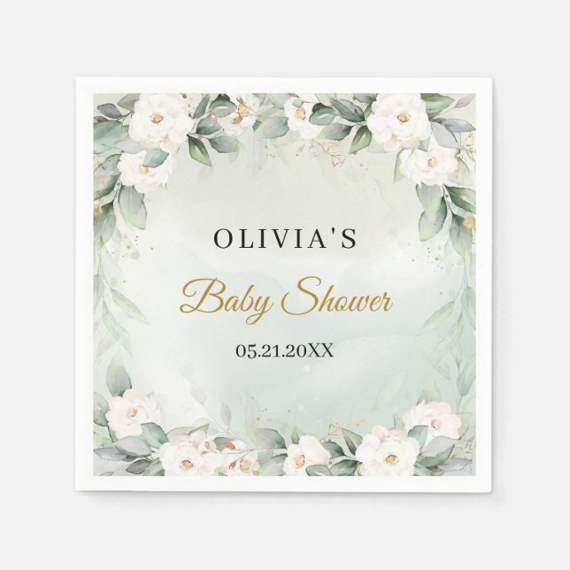 Chic watercolor green and white flower Baby shower Napkins (Front)