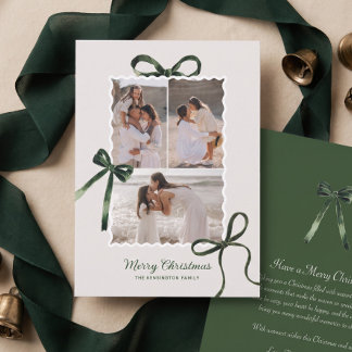 Chic Watercolor Green Christmas Bow Photo Collage Holiday Card