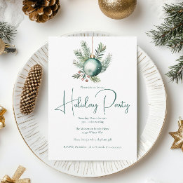Chic Watercolor Green Ornament Holiday Party Invitation