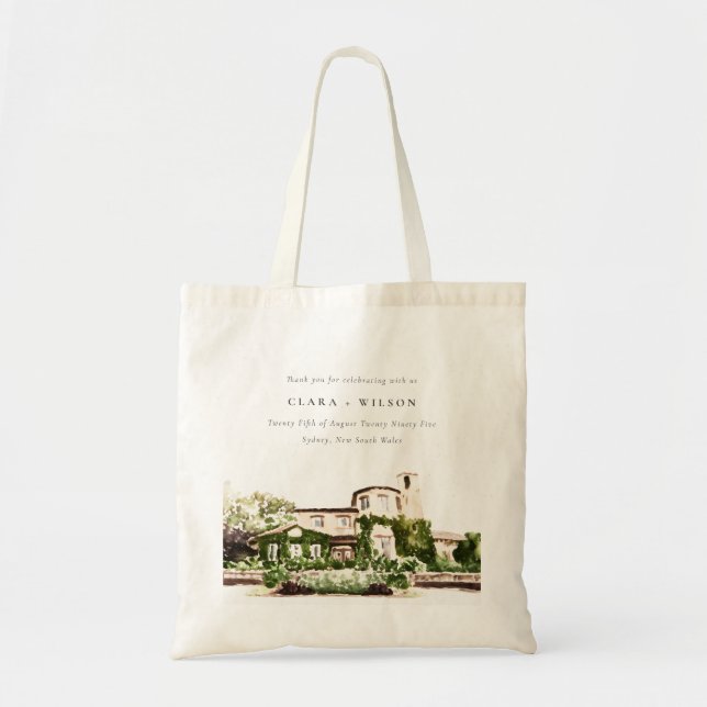 Chic Watercolor Green Winery Vineyard Wedding Tote Bag (Front)