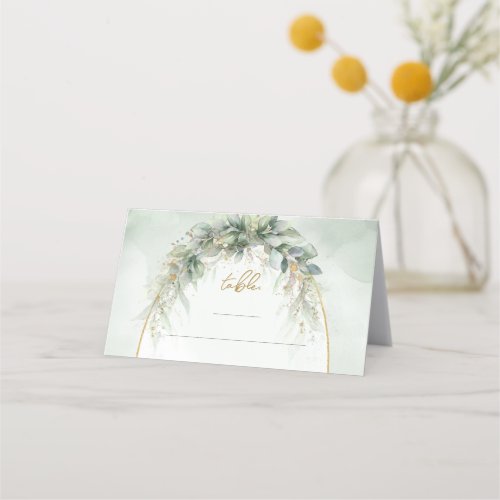 Chic watercolor greenery and gold frame place card