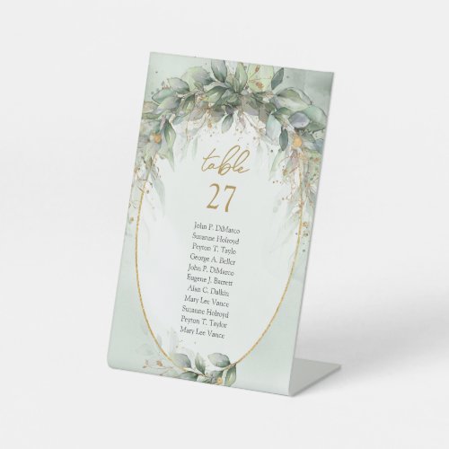 Chic watercolor greenery and gold frame wedding pedestal sign