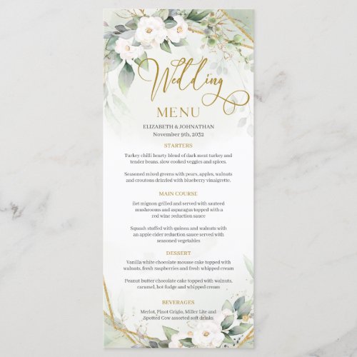Chic watercolor greenery and gold frame white rose menu
