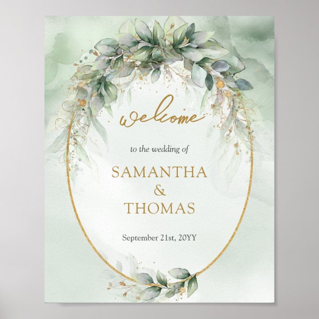 Chic watercolor greenery and gold wedding welcome poster (Front)
