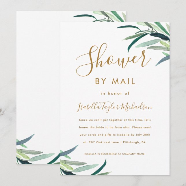 Chic Watercolor Greenery Bridal Shower by Mail Invitation (Front/Back)