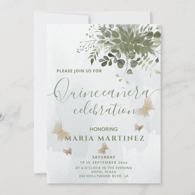 Chic watercolor greenery eucalyptus Quinceañera Invitation (Front)
