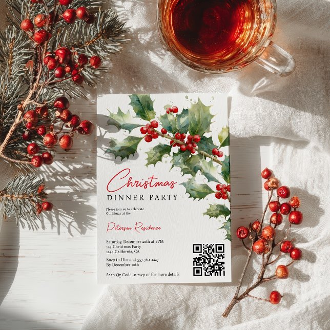 Chic Watercolor Holly Berries Christmas Corporate Invitation (Chic Watercolor Holly Berries Christmas Corporate Invitation)