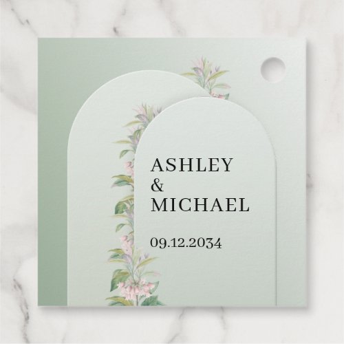 Chic watercolor hues of green blush floral arch favor tags