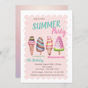 Chic Watercolor Ice creams Summer Birthday Party Invitation