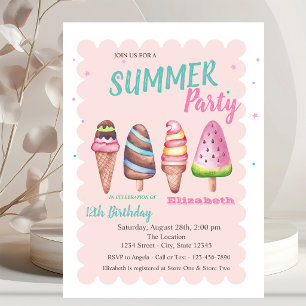 Chic Watercolor Ice creams Summer Birthday Party Invitation