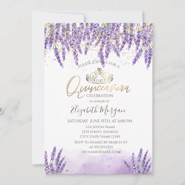 Chic Watercolor Lavanda,String Lights Quinceanera Invitation (Front)