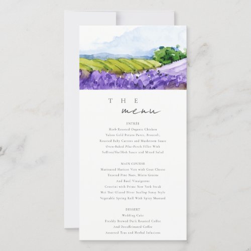 Chic Watercolor Lavender Fields Wedding Menu Card