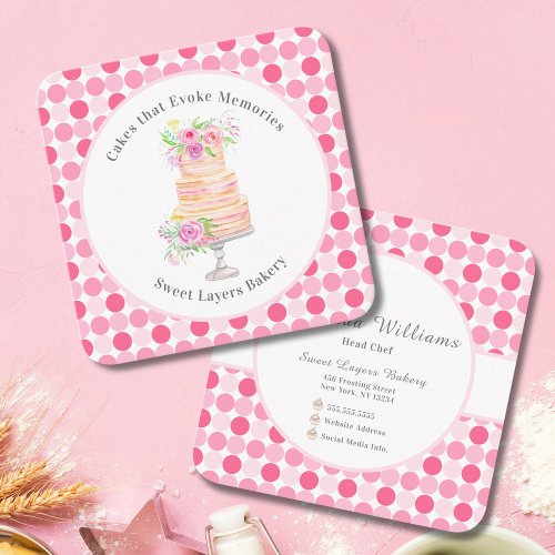 Chic Watercolor Layered Cake With Roses Bakery Square Business Card