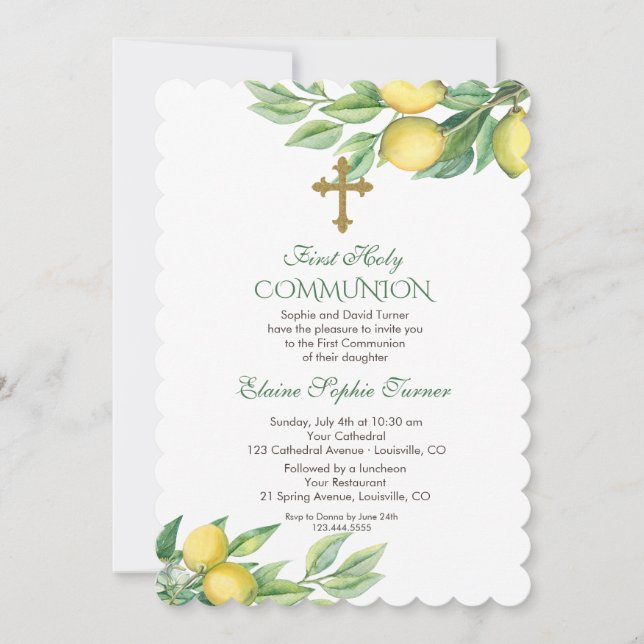 Chic Watercolor Lemon Tropical Holy Communion Invitation (Front)