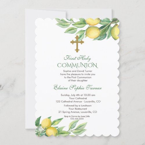Chic Watercolor Lemon Tropical Holy Communion Invitation
