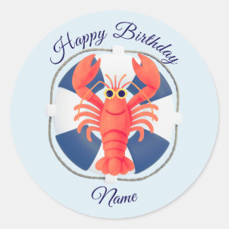 Chic Watercolor Lobster & Lifebuoy Birthday Classic Round Sticker
