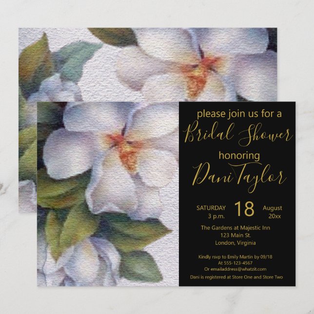 Chic Watercolor Magnolia Gold Text Bridal Shower Invitation (Front/Back)