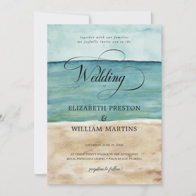 Chic Watercolor Ocean Beach Sand Nautical Wedding Invitation (Front)
