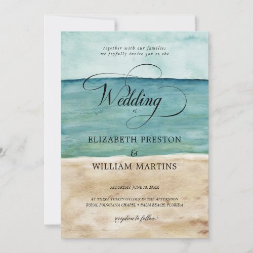 Chic Watercolor Ocean Beach Sand Nautical Wedding Invitation