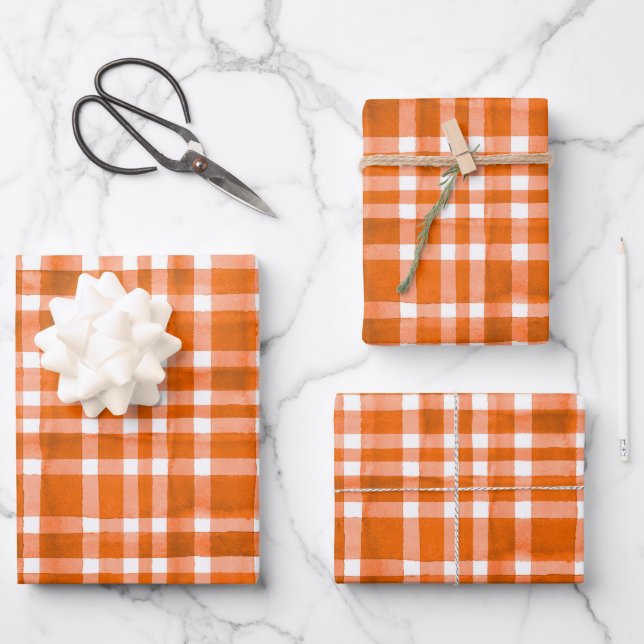 Chic Watercolor Orange Plaid pattern  Wrapping Paper Sheets (Front)