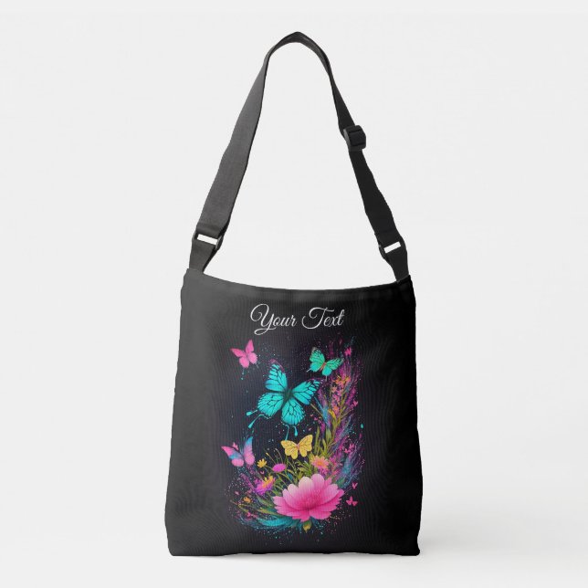 chic watercolor painting Butterflies pink flowers Crossbody Bag (Front)