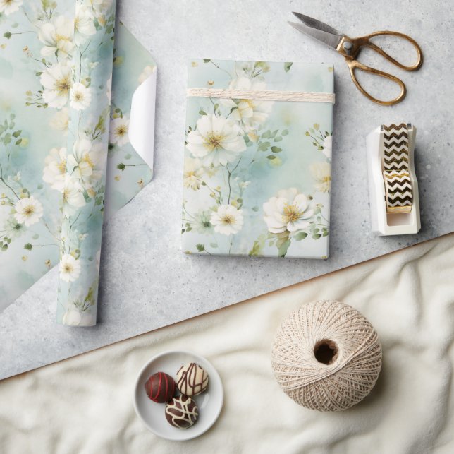 Chic Watercolor pastel green and white wildflowers Wrapping Paper (Crafts)