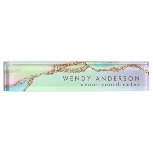 Chic Watercolor Pastel Rainbow Gold Glitter Agate Desk Name Plate