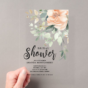 Chic Watercolor Peach Floral Bridal Shower Acrylic Invitations
