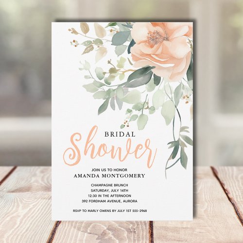 Chic Watercolor Peach Floral Bridal Shower Invitation