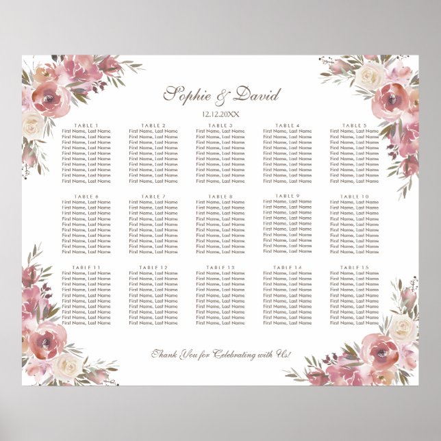 Chic Watercolor Peach Pink Peonies Seating Chart (Front)