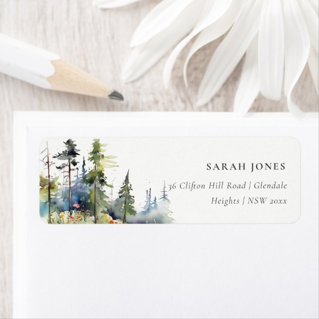 Chic Watercolor Pine Forest Landscape Address Label (Insitu)