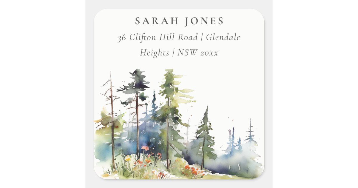 Chic Watercolor Pine Forest Landscape Address Square Sticker | Zazzle